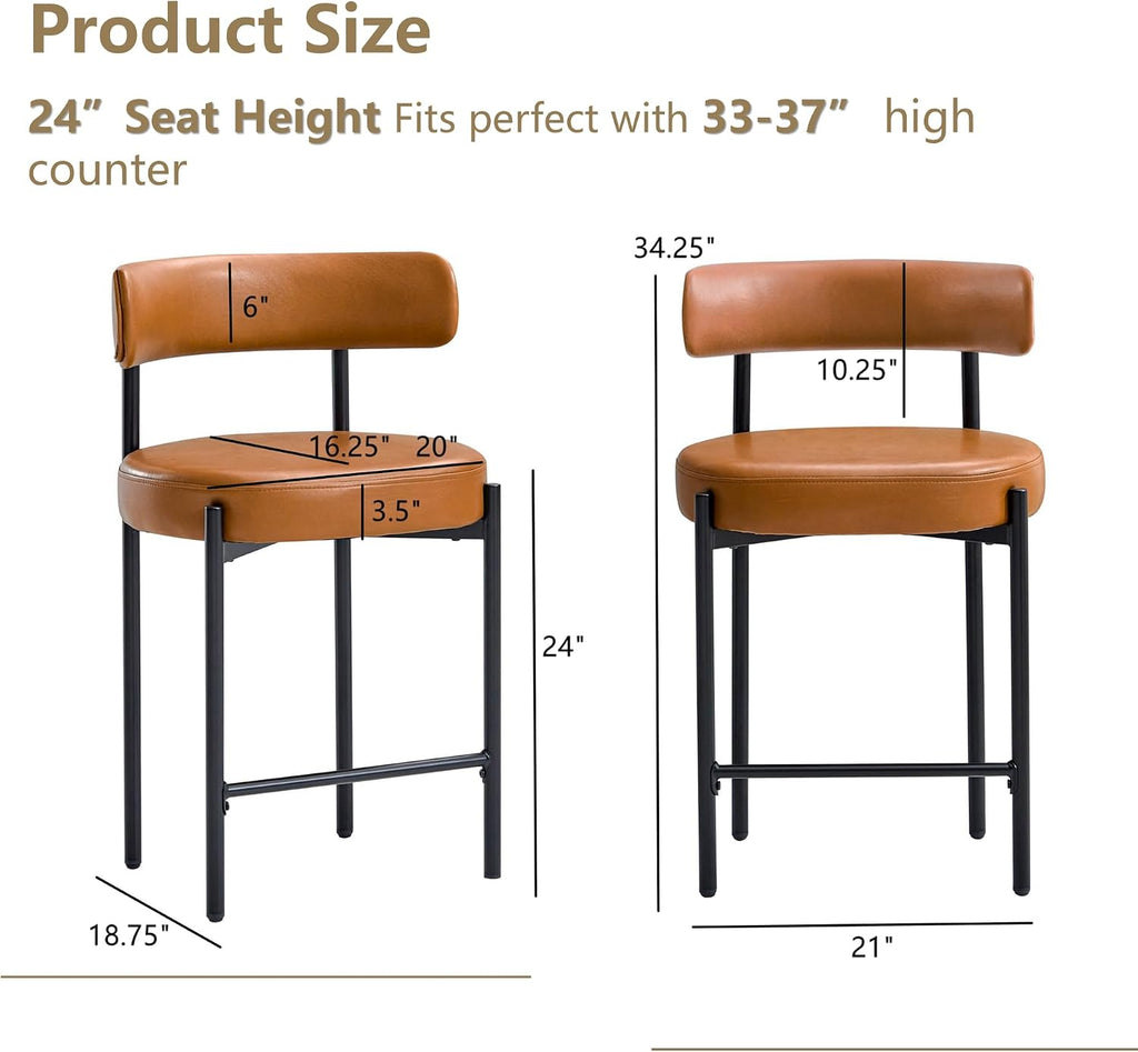 24'' Faux Leather Bar Stools Set of 3, Counter Height Bar Stools with Backs, Upholstered Counter Chairs Island (Vegan