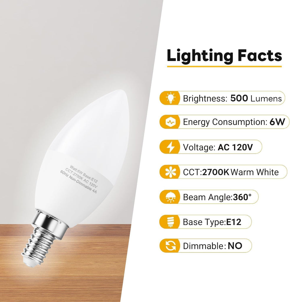 E12 LED Candelabra Bulbs 60W Equivalent, Warm White 2700K