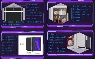 Mini Fridge, 6 Cans Small Refrigerator with Dimmable LED Light & Mirror Door, Portable Thermoelectric Cooler/Warmer