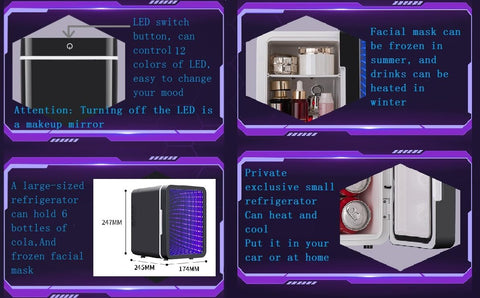 Mini Fridge, 6 Cans Small Refrigerator with Dimmable LED Light & Mirror Door, Portable Thermoelectric Cooler/Warmer