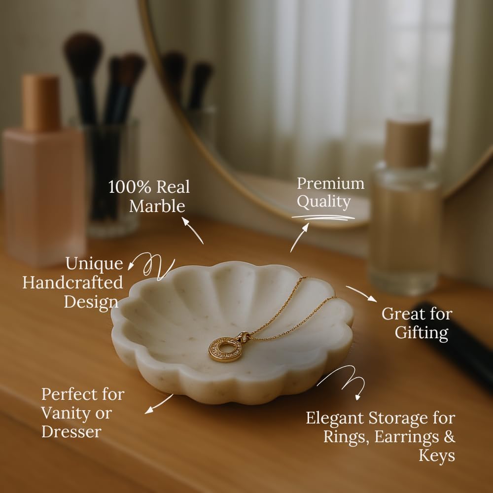 Handcrafted Marble Jewelry Tray, Decorative Trinket Dish for Rings Earrings Necklace Bracelet, Key Bowl, Ideal Gift