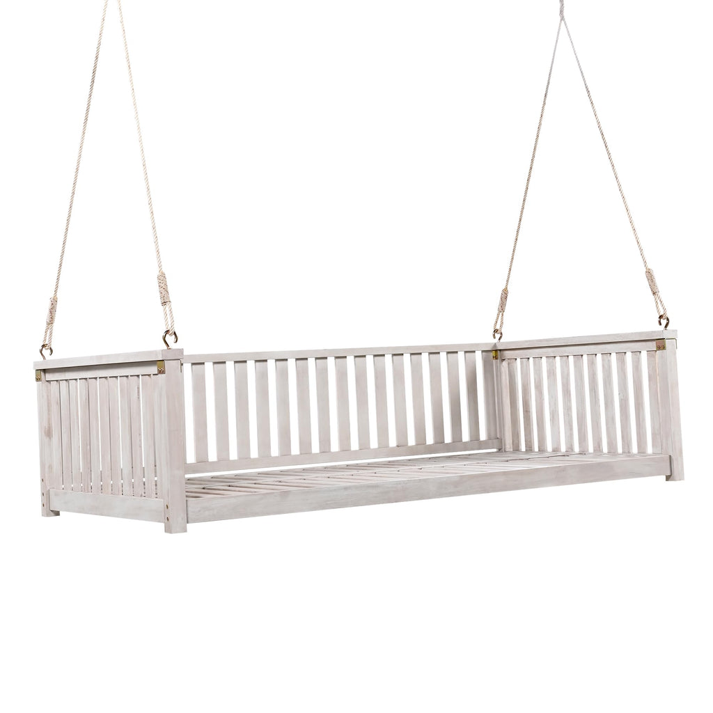 Patio Minimalist Acacia Wood Porch Swing with Hemp Rope, Twin Size Garden Swing Bed 2 Person Seating Group for
