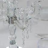 Crystal 5-Arm Candelabra Taper Candle Holder with Hanging Prisms & Round Mirror Base - Faceted Cut Glass Design - 14"