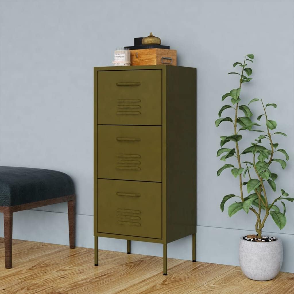 Olive Green Storage Cabinet, 3Drawer Steel Organizer , Metal Accent Chest with Adjustable Feet and Ball-Bearing