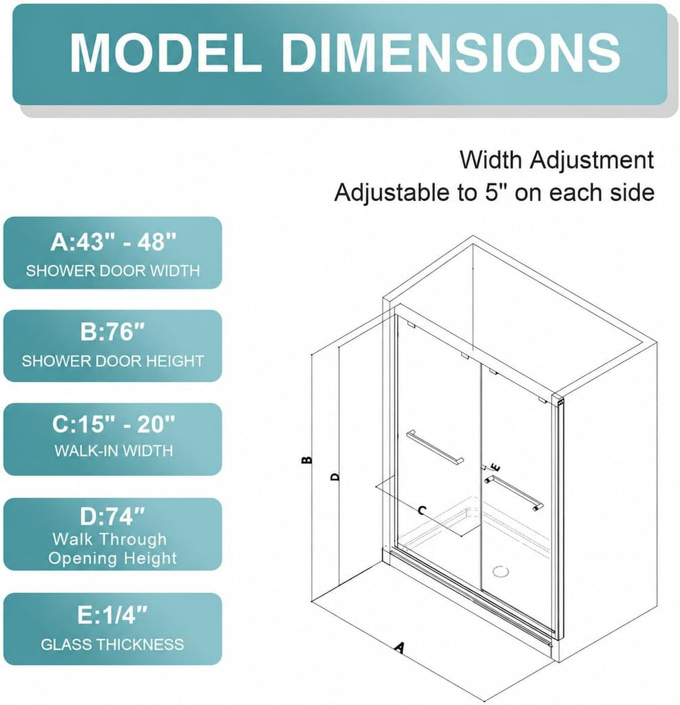 Glass Shower Door, 43-48" W x 76" H Semi-Frameless Double Sliding Shower Door
