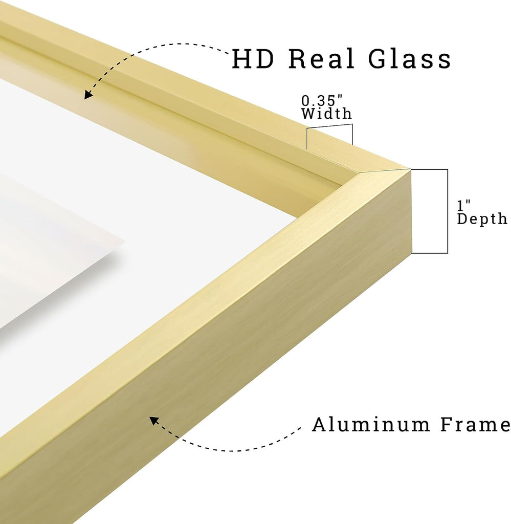 11x14 Gold Aluminum Floating Picture Frame Real Glass | Tempered Glass Front, Plexiglass Back, Wall Mount Display