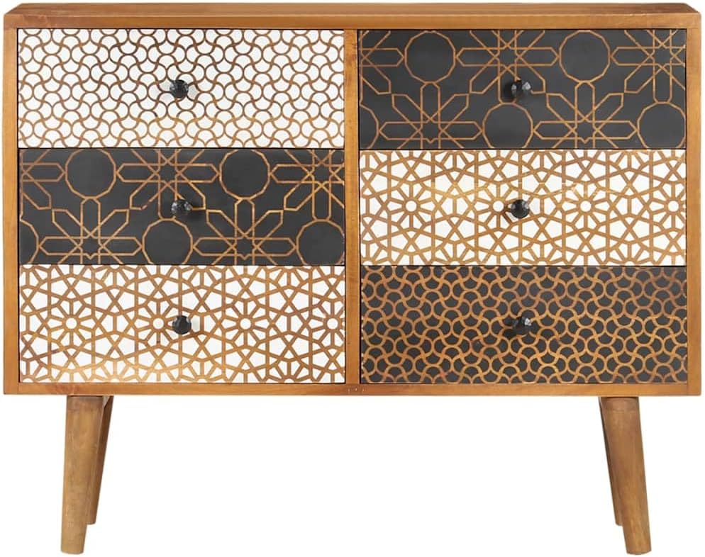 Mid-Century Sideboard Cabinet with 6 Drawers, Solid Mango Wood Accent Storage Chest , 35.4x11.8x27.6 Inches