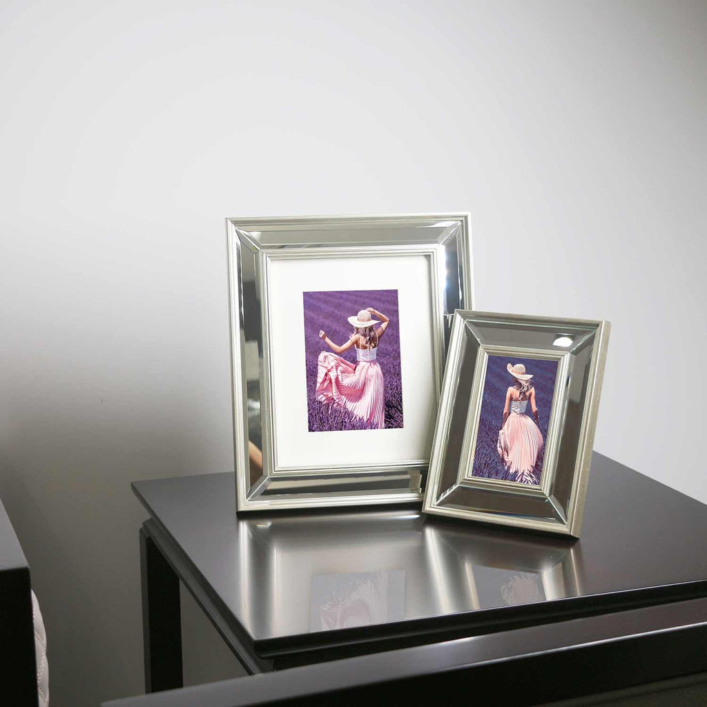8x10 Mat 5x7 Beveled Clear Mirror Silver Arc edge Photo Frame-Organic Glass Black Velvet Back Panel for