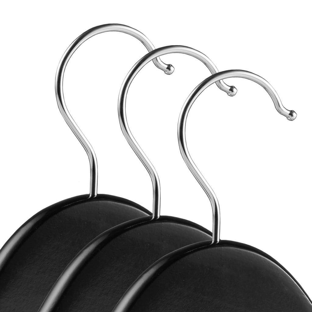 10 Black Wooden Suit Hangers - Premium Lotus Wood with Notches & Chrome Swivel Hook for Dress Clothes, Coats