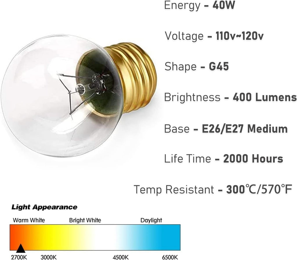 40W Oven Light Bulbs, A15 E26/E27 Base, Fits W hirlpool, G E, M aytag, Ken-M ore, F rigidaire Ovens, Microwaves