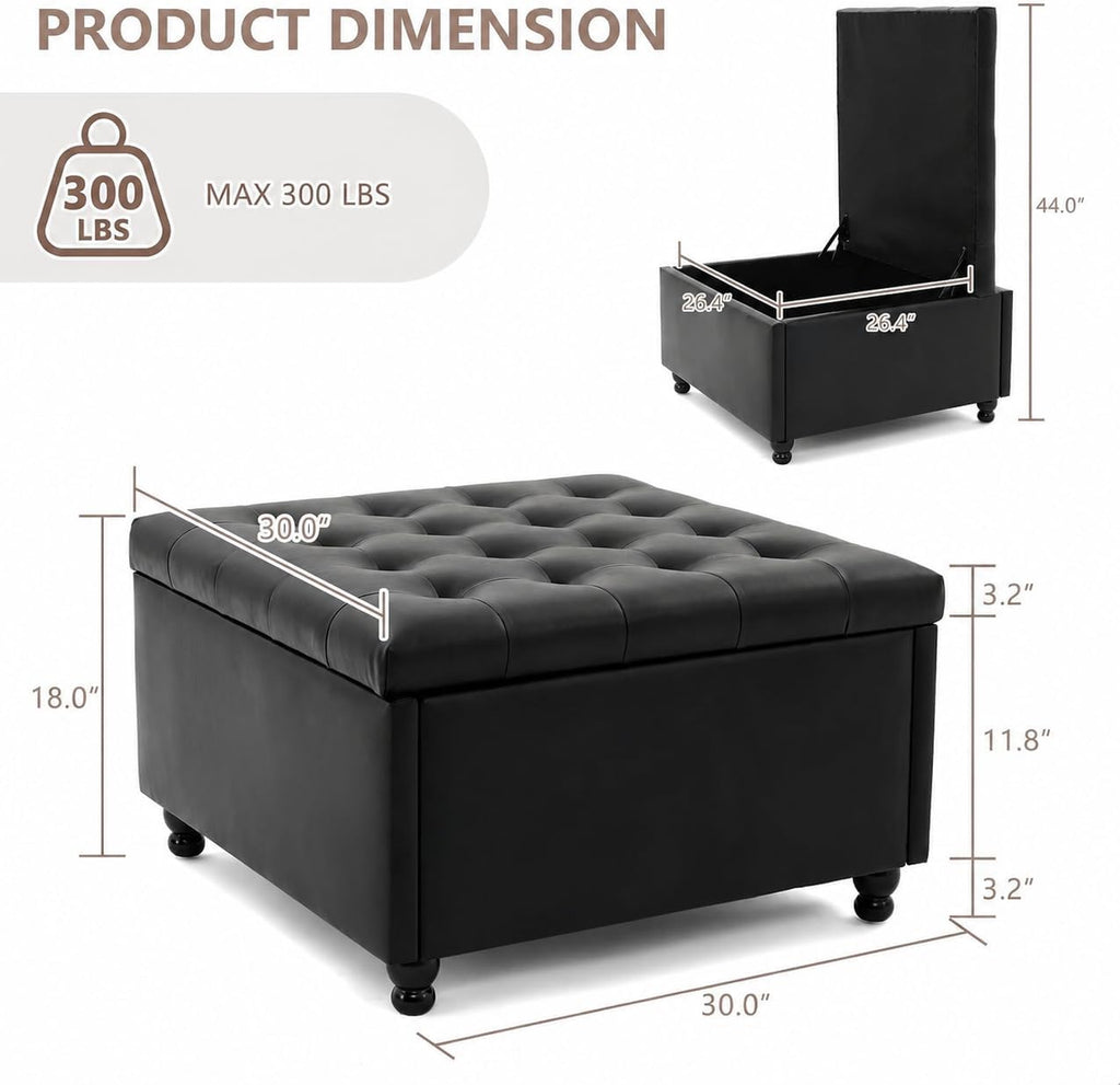30" Large Square Ottoman with Storage, Leather Ottoman Coffee Table, Black | Tufted Upholstered Ottoman , Oversized