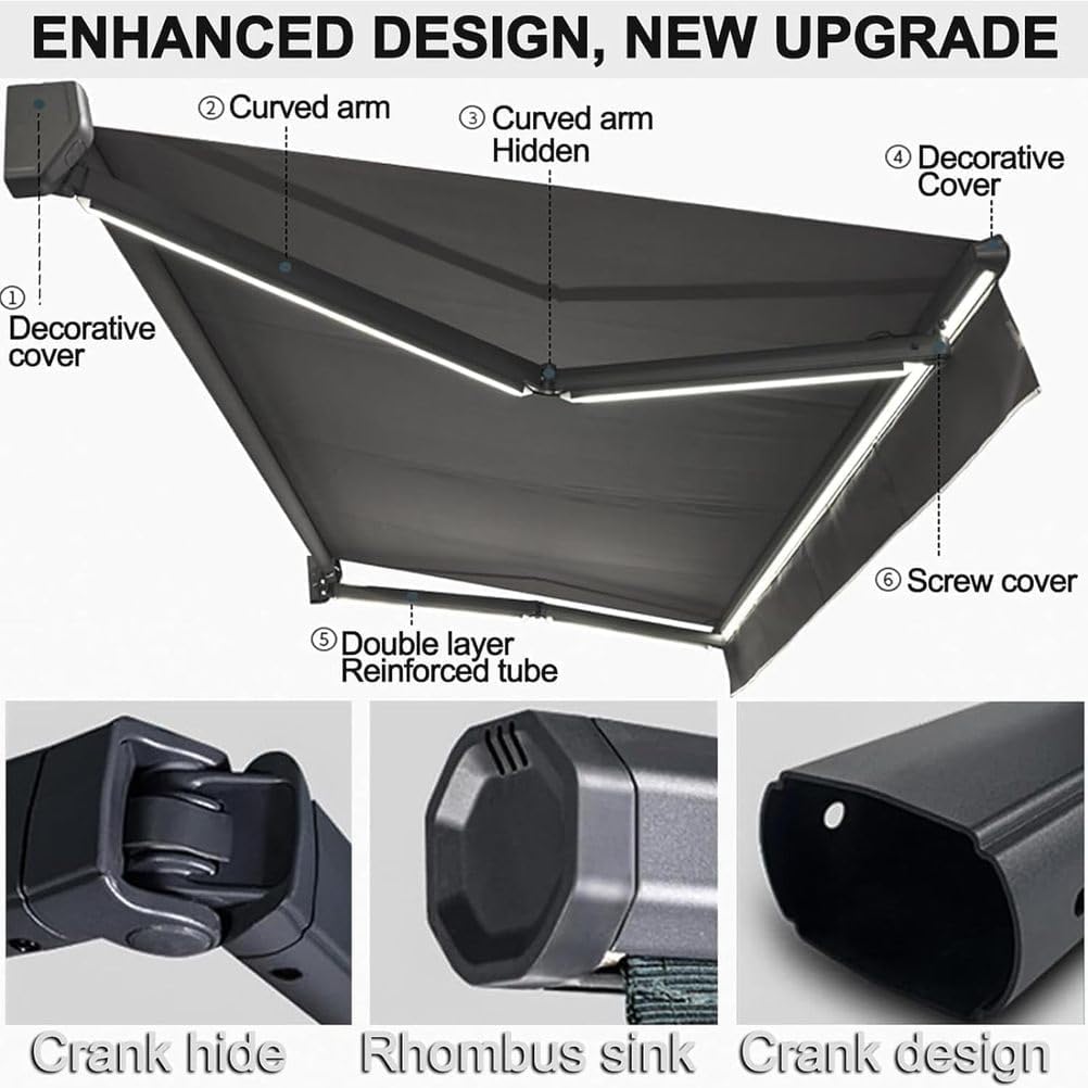 Outdoor Motorized Electric Retractable Awning with LED Lights - Waterproof Automatic Sun Protection Porch Balcony