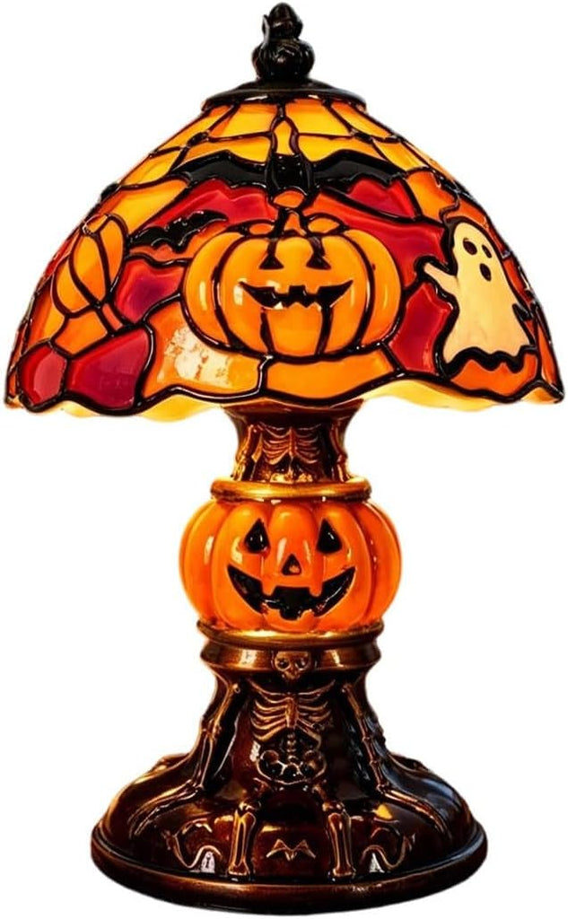 Halloween Handcrafted Ghost Stained Glass Night Light - Gothic Resin Bat & Pumpkin Glow Lamp, Retro Decorative Table