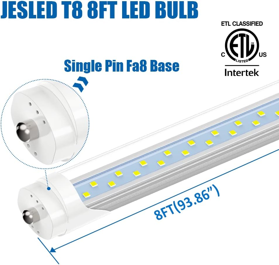 T8 T10 T12 8FT LED Bulbs, 50W (130W Equiv.), 6000LM 5000K Daylight
