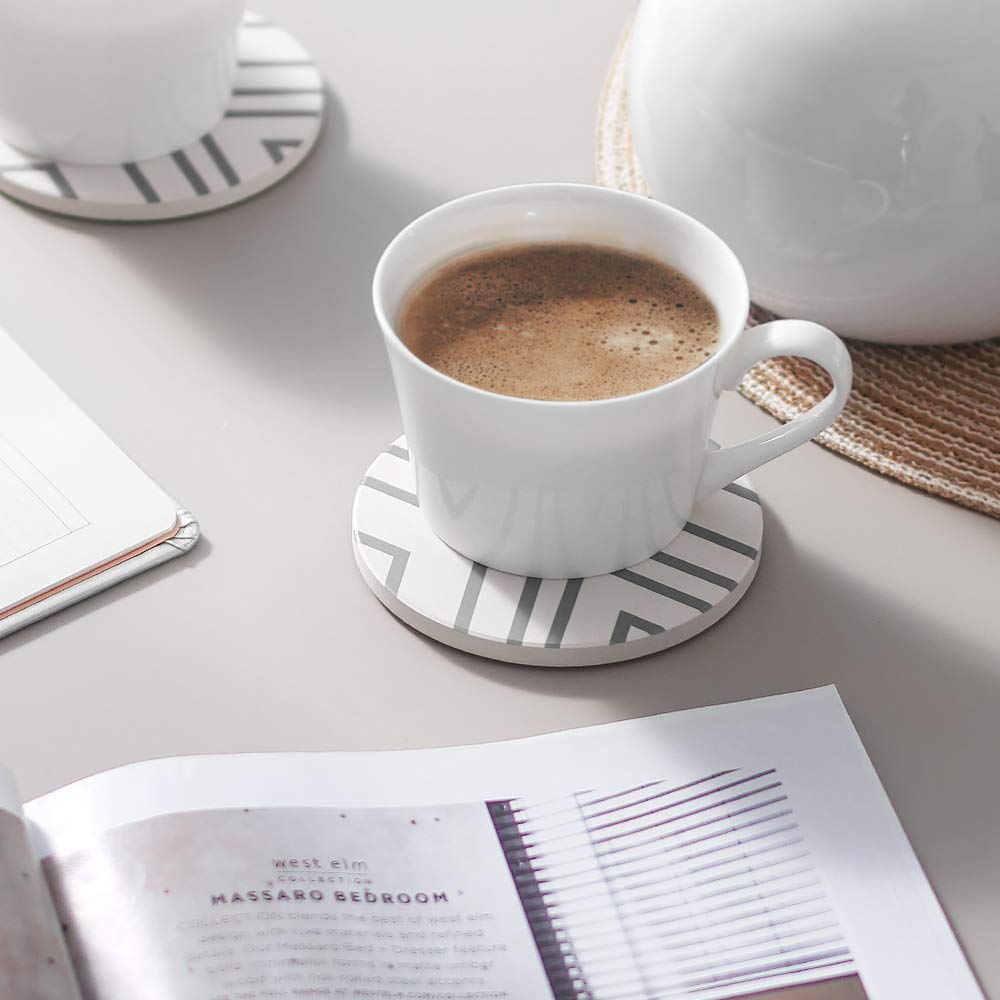 6 Piece Absorbent Stone Coaster Set with Holder, Ceramic Drink Coasters, 4 Inch Farmhouse Coasters with Cork Base