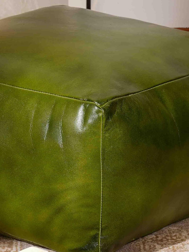 Eco-Friendly Solid Leather Pouf Green Color Square 21" x 21" x 12" Goat Leather Pouf Seating, Patio