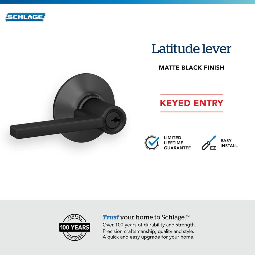 F51 V LAT 622 Latitude Door Lever, Keyed Entry Lock, Matte Black