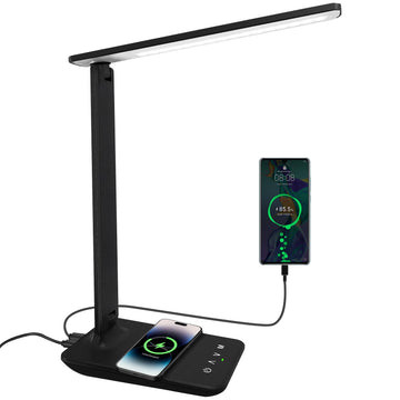 Crown LED Desk Lamp with 15W Wireless Charger & USB Port, Dimmable Table Lamp with 5 Lighting Modes, Sensitive Touch