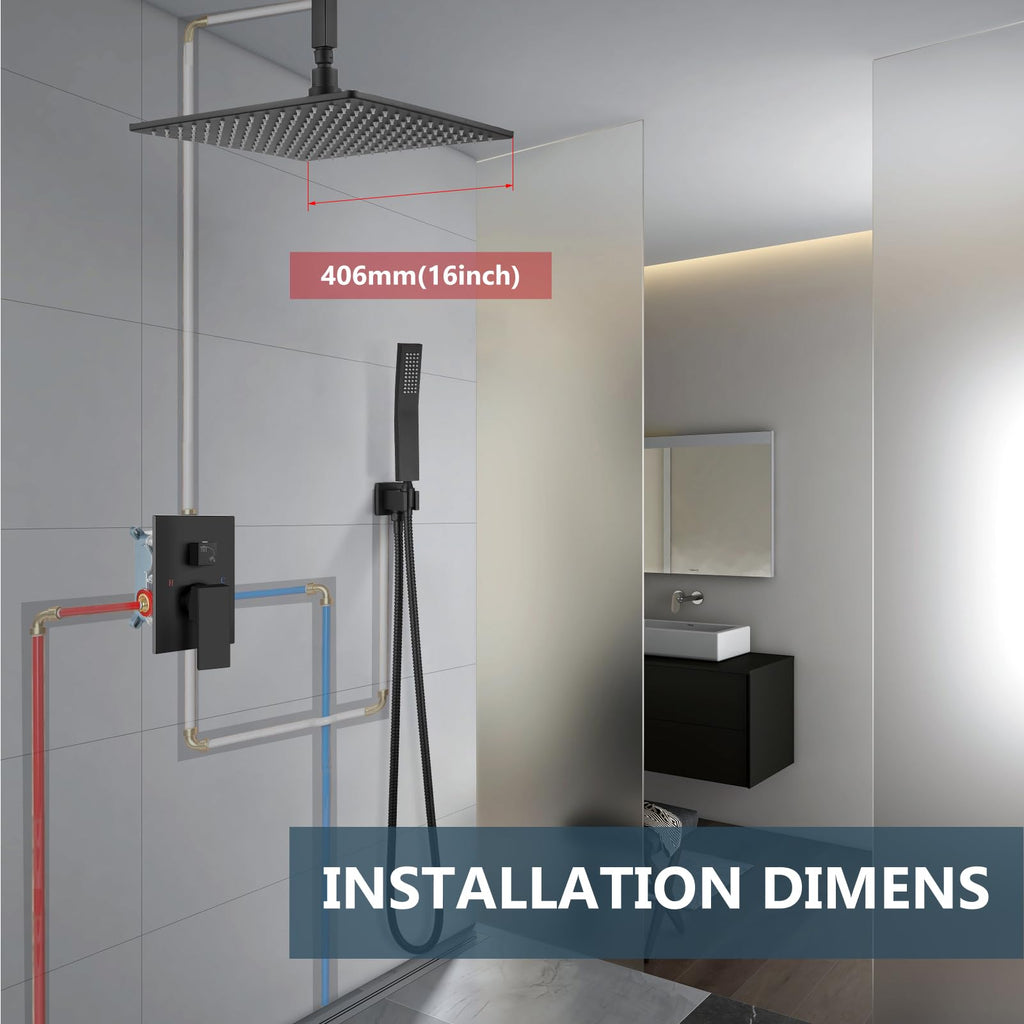 Ceiling Shower Faucet Set with Handheld 16" LED Head Matte Black