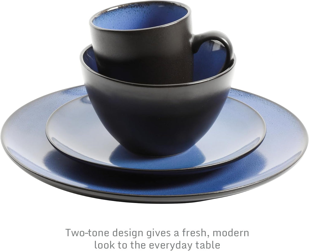 Soho Lounge Round Reactive Glaze Stoneware Dinnerware Set, Service for 4 (16pc), Blue, Soho Round