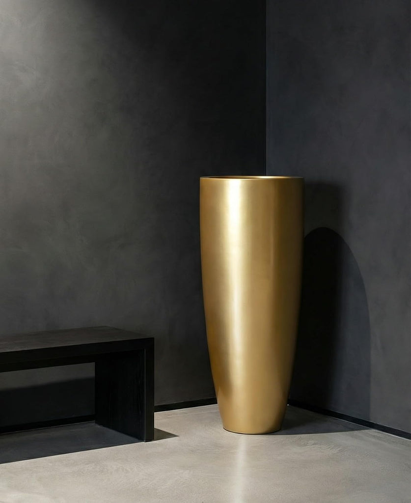 Tall 36" Gold Fiberglass Planter - Large Modern Lightweight Tapered Round Indoor/Outdoor Elegant Decorative Pot for