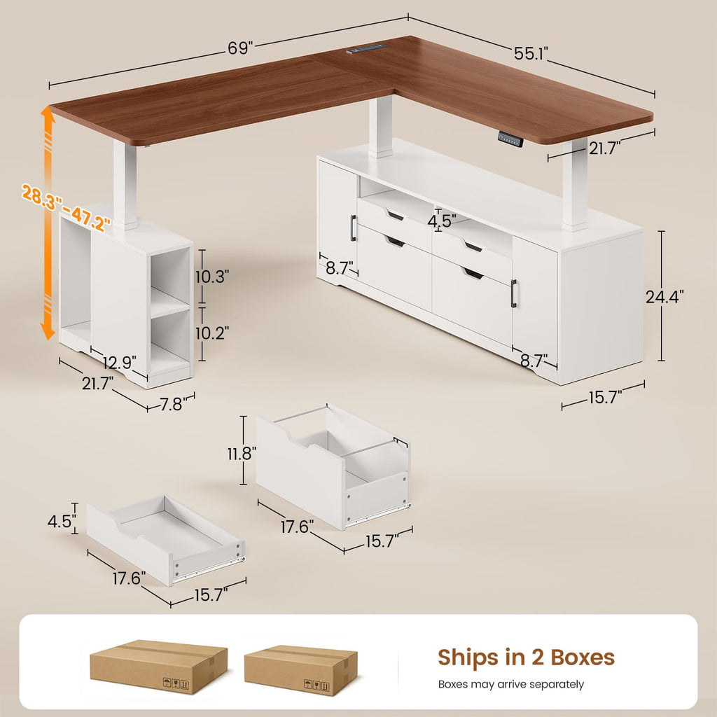 Modern L Shaped Executive Electric Standing Desk with 4 Drawers