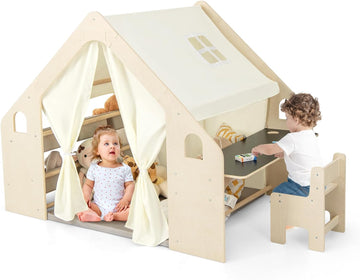 Large Kids Tent, in-1 Wooden Frame Play House with Table and Chair Set, Blackboard, 6 Storage Bins & Soft Floor