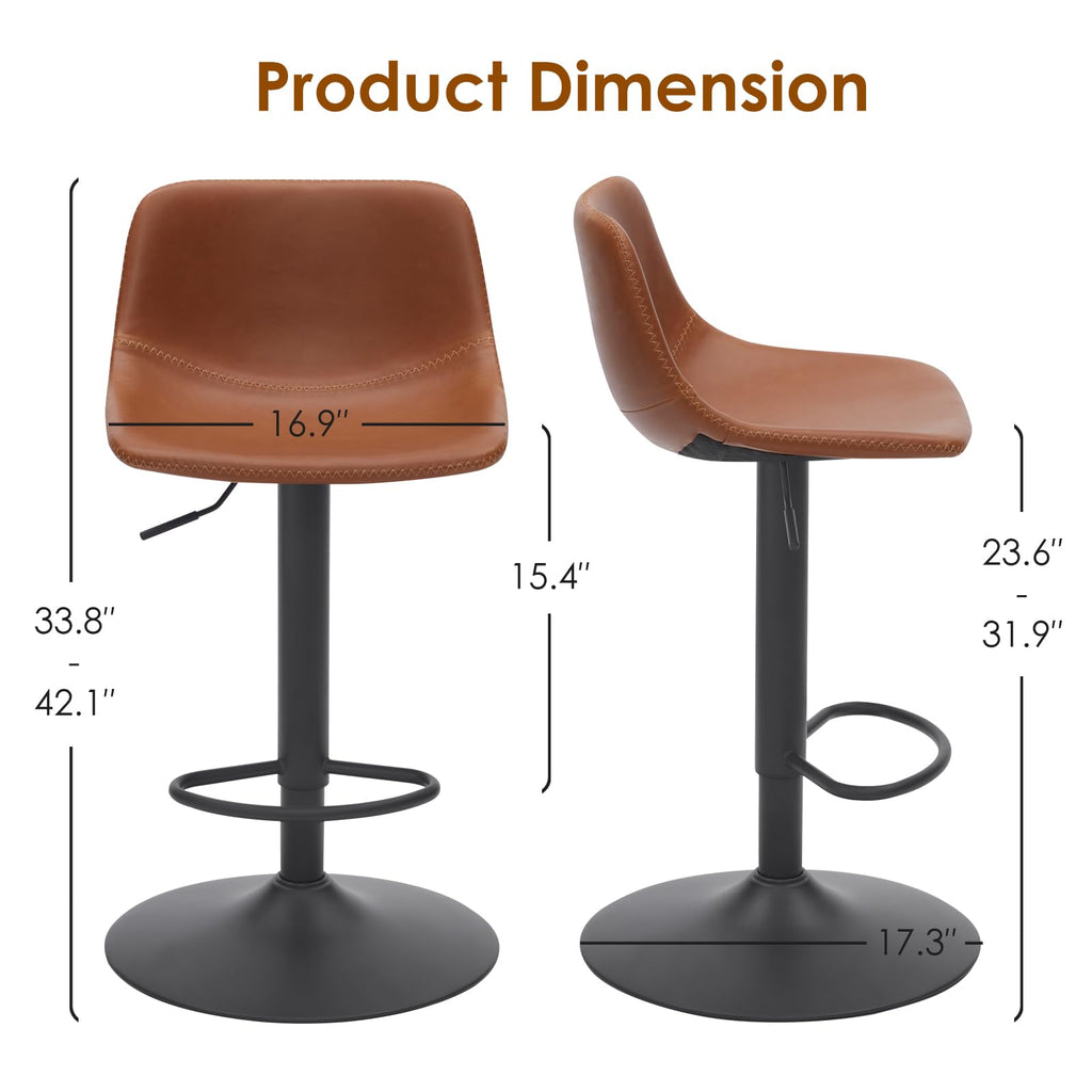 Adjustable Bar Stools Set of 2, Mid Century Modern Swivel Bar Stools, Industrial Bar Height Stools With Back Support