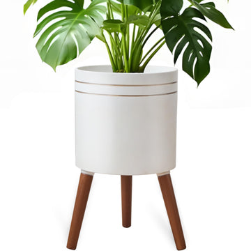 12 Inch Plant Pot with Oak Wood Stand, Large Planter for Indoor Plant, Simple Modern Flower Pot Flower Pot with