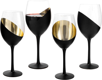 Wine Glasses Set of 4, Red Wine Glasses 14oz, Modern Matte Black & Gold Stemware, Elegant Bar Cups for Weddings