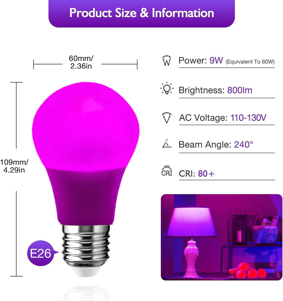 A19 LED Purple Light Bulb, LED Purple Black Lights 100W Equivalent