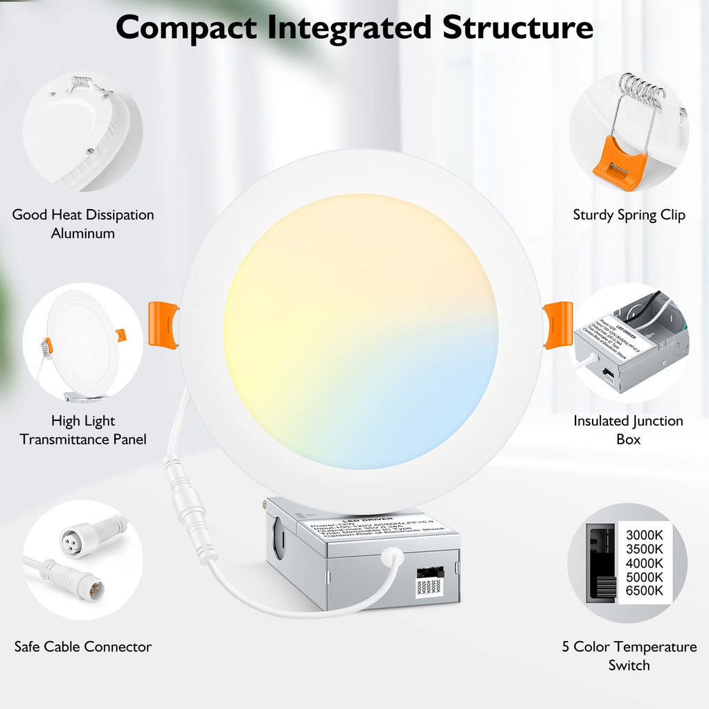 6 Inch LED Recessed Ceiling Lights with Junction Box, 6 Packs