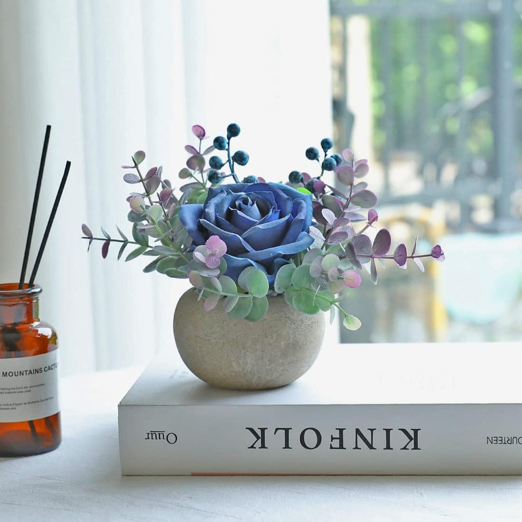 Small Artificial Blue Rose Potted Plant, Mini Faux Floral Decor