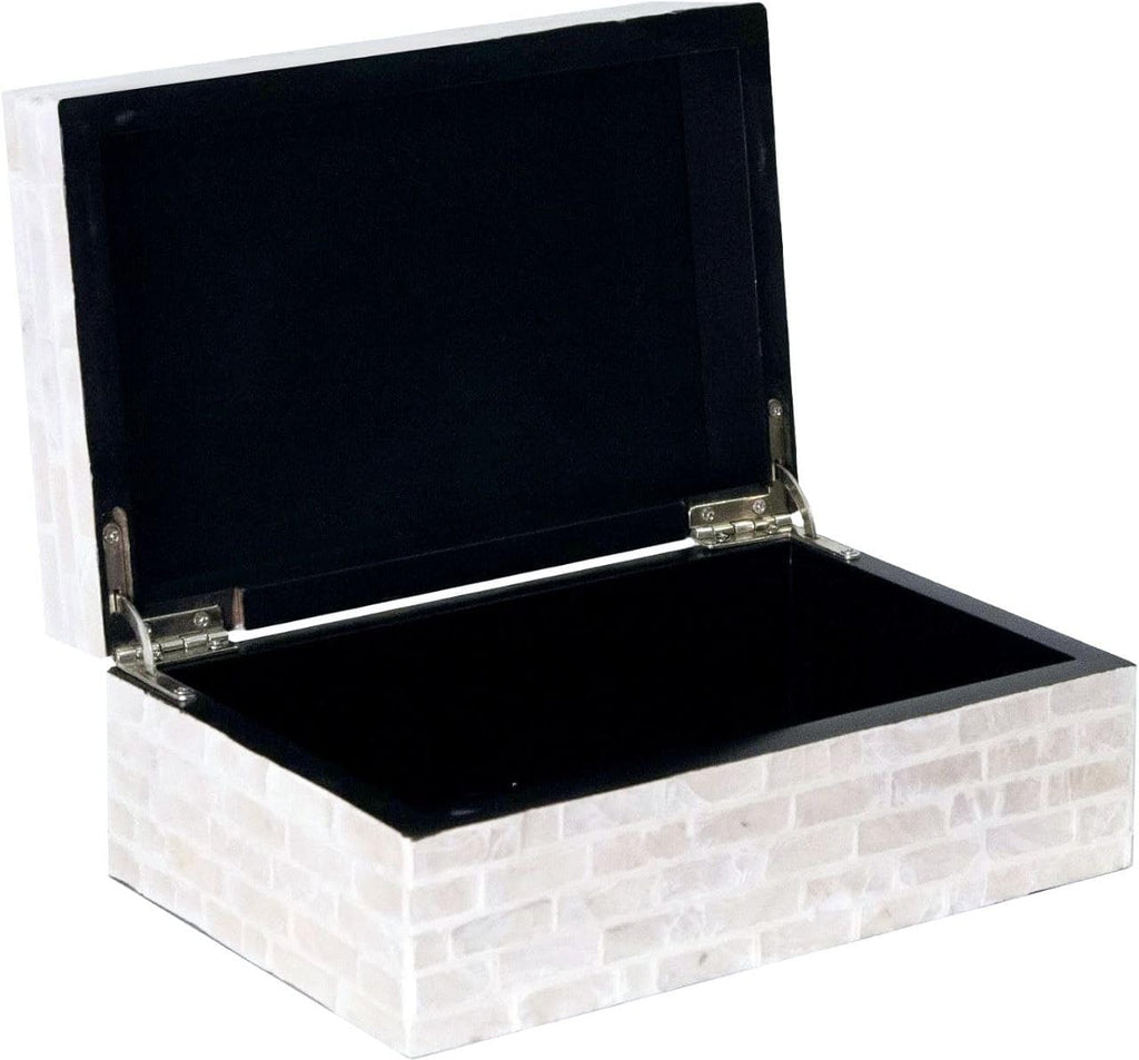 Handmade Capiz Shell Decorative Box with Hinged Lid - 7.9x5.1x3.1 Pearlescent White Subway Tile Pattern Shell Storage