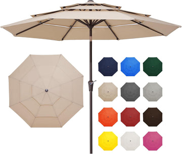 9FT 3 Tier Patio Umbrella Outdoor Market Umbrella Table Umbrellas with 8 Ribs 1.5 Pole Push Button Tilt and Crank UV - B
