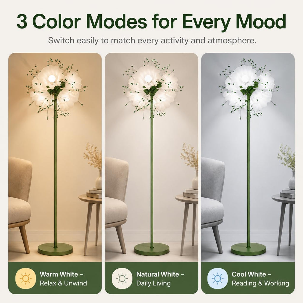 Flower Floor Lamp, Tall Crystal Floor Lamp with 6 LED Blubs, Green Floral Floor Lamps with 3 Color Temperatures