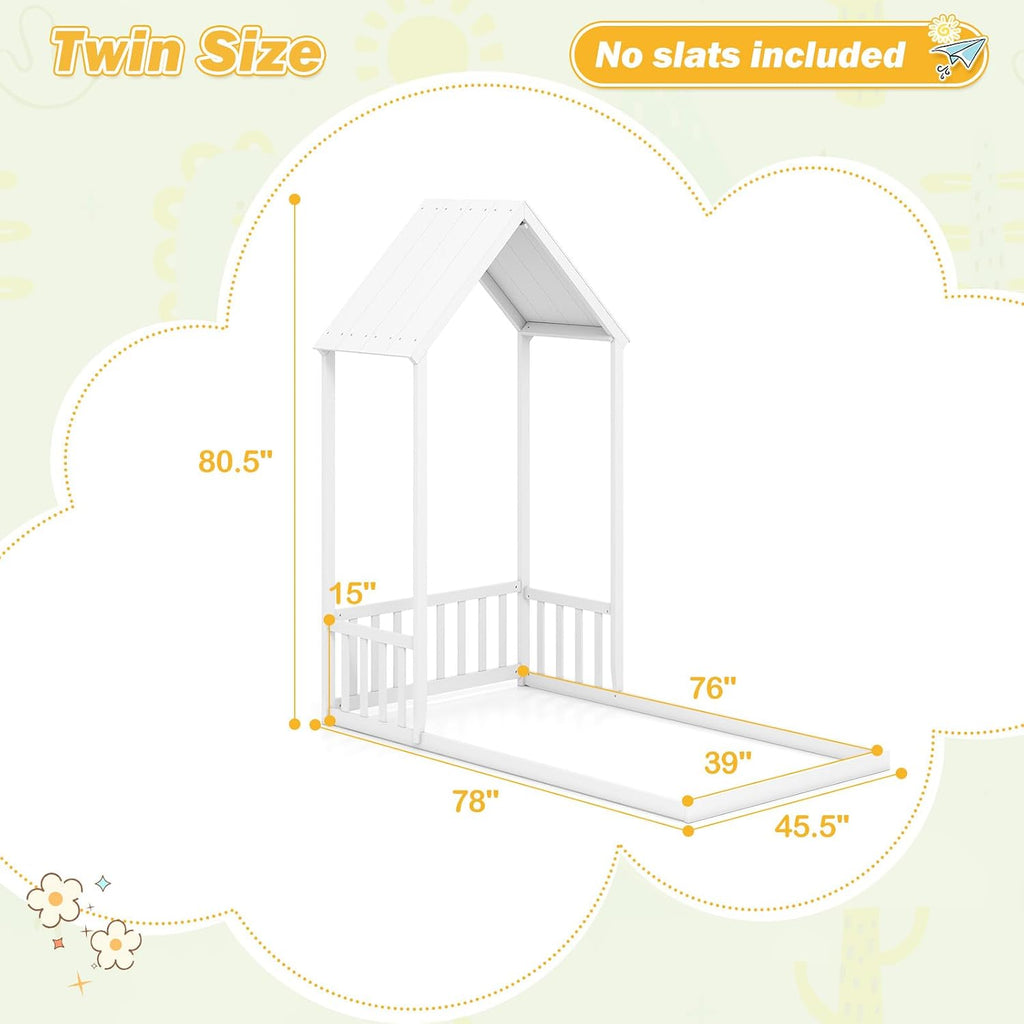 House Bed, Montessori Floor Bed with House Shape Roof & Semi-Fence, Solid Wood Bed Frame Without Slats, Low