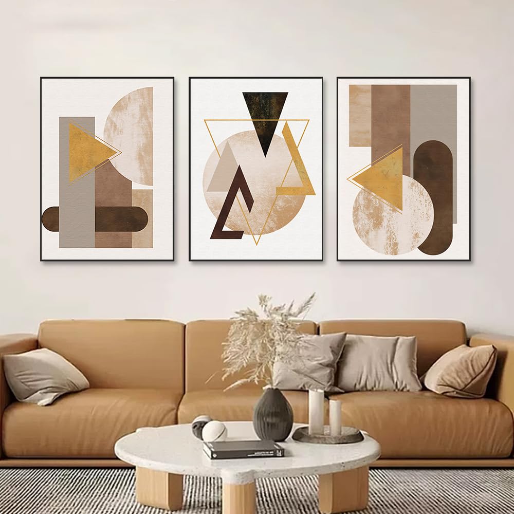 3Pcs Modern Brown Beige Geometric Abstract Framed Canvas Wall Art Decor
