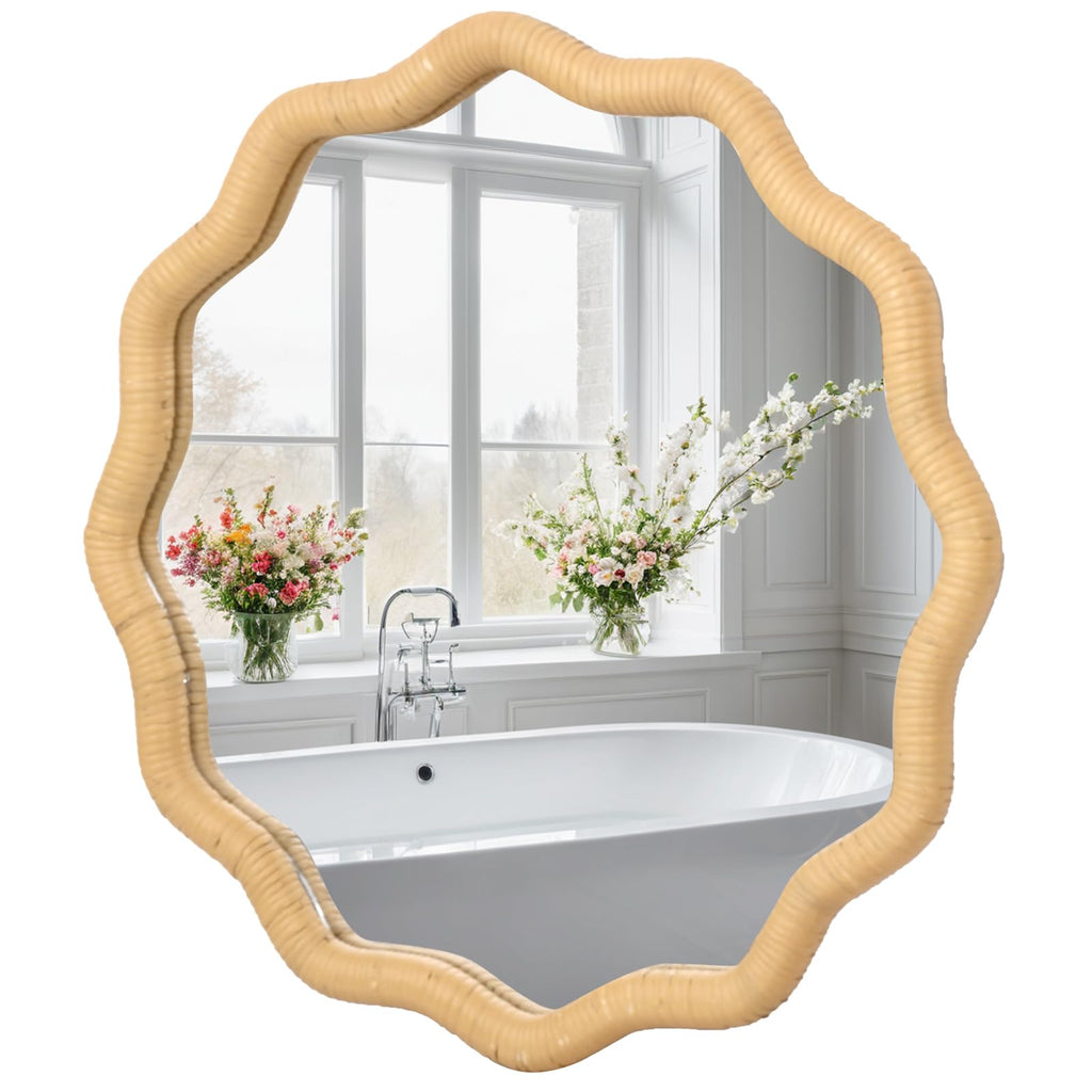 20" Round Rattan Wall Mirror, Scalloped Wavy Wicker Frame