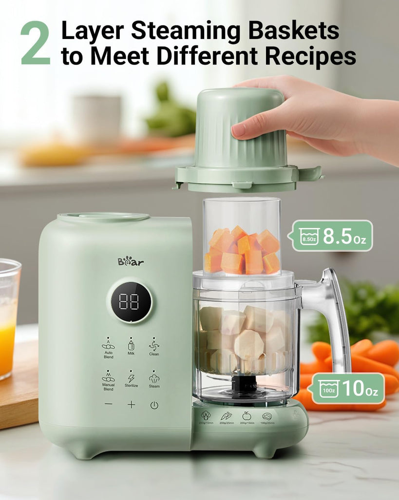 Baby Food Maker Steamer&Blender with Dual-Layer Steam Baskets, 18.5oz