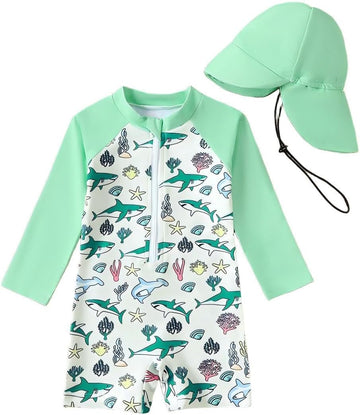Baby/Toddler Boy Long Sleeve Rash Guard Swimsuit Sun Protection One Piece Swimwear with Hat Quick Dry Bathing Suit