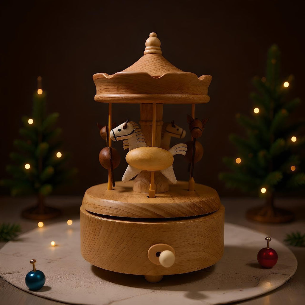 Wooden Carousel Music Box with Moving & Elevating Horses, Rotating Wind-Up Decor, Collectible Mechanical Musical Box