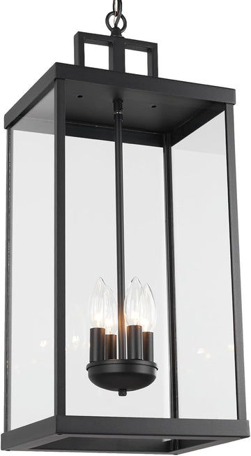 Outdoor Pendant Light, 25'' Large Hanging Lights Lantern Light, Modern Outside Chandelier with Clear Glass