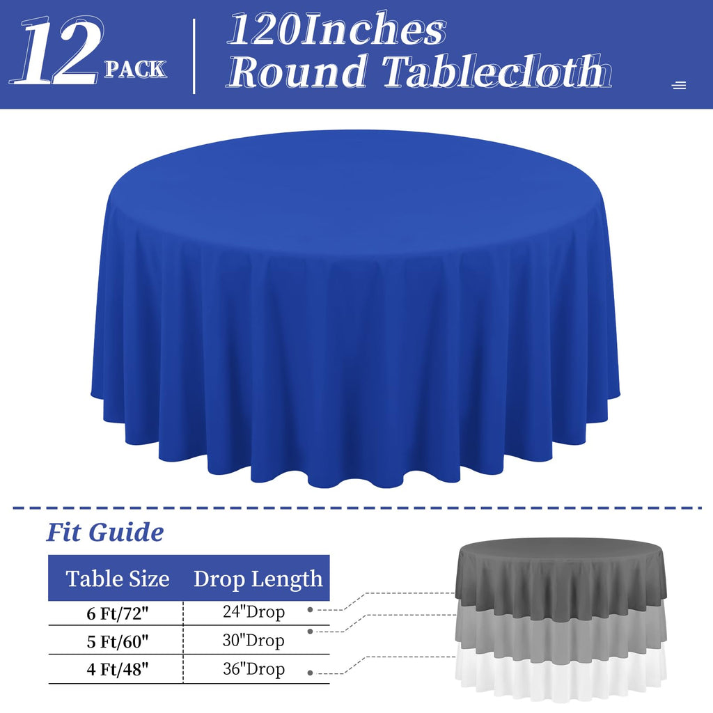 12 Packs 120 Inch Royal Blue Round Polyester Tablecloths