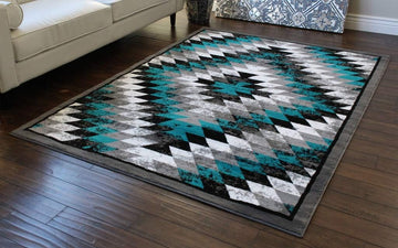 Stephanie Collection Area Rug Southwest Native American Distressed Design 1106 Turquoise Grey White Black (8 Feet X