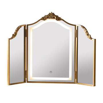 Antique Gold Triple Fold Makeup Mirror with Tri-Color LED Lighting & Dimming, Baroque Carved Arch Vintage Vanity