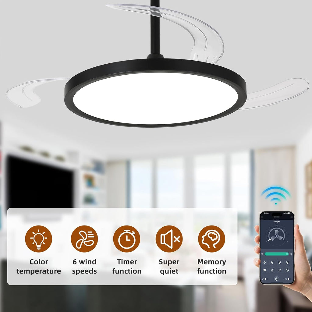 42 inch Retractable Ceiling Fan with Lights,6 Speed Dimmable Silent Fan,Modern Ceiling Fan with Light Remote Control