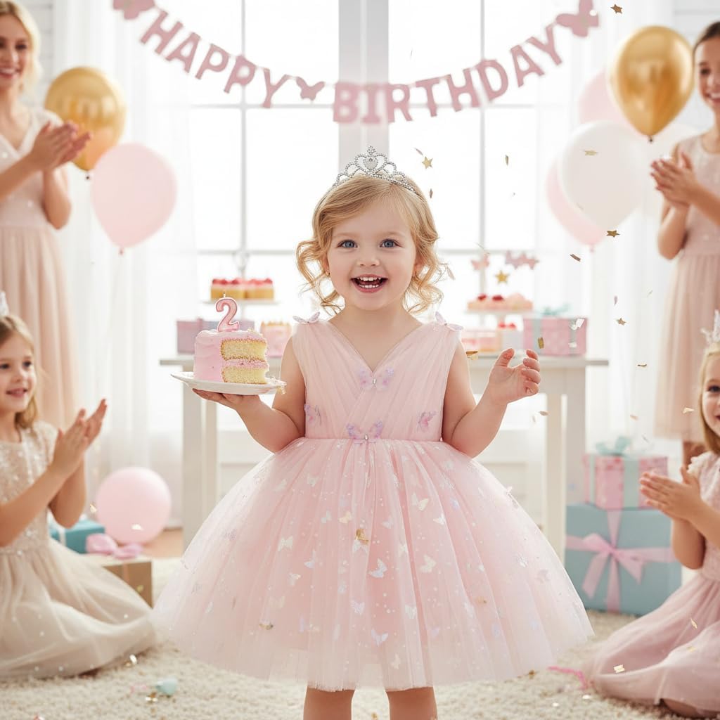 Toddler Baby Girls Shiny Butterfly Tutu Dress Princess Birthday Party Pageant Flower Girl Wedding V-Backless Dresses