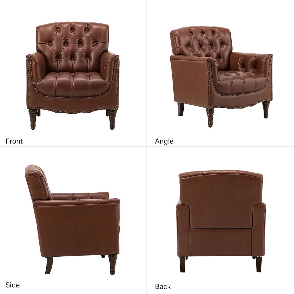 Mid Century Modern Genuine Leather Accent Chair, Brown - Set of 2