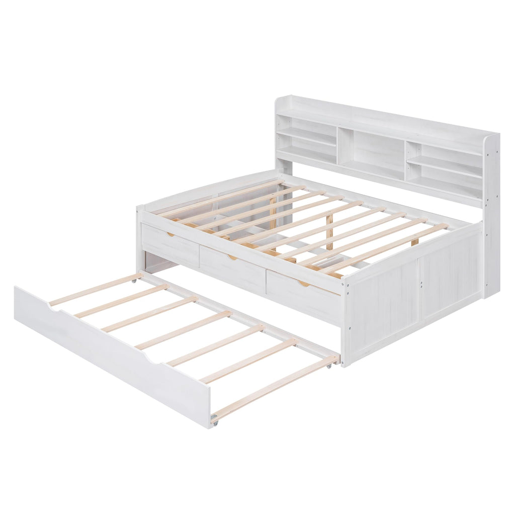 Full Size Daybed, Wooden Captain Bed with Built-in Bookshelves, Full Daybed with 3 Storage Drawers and Trundle, White